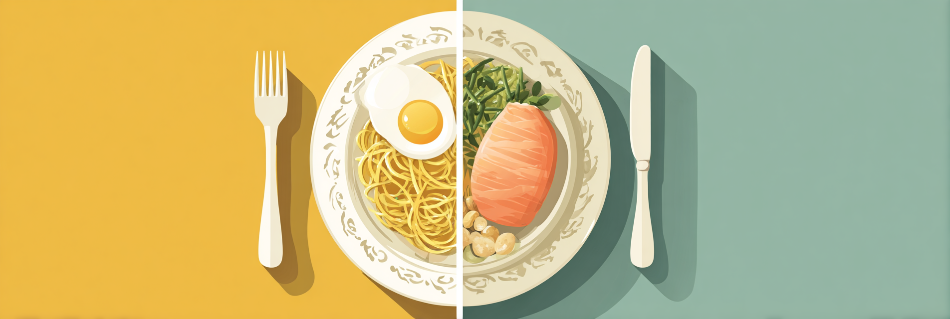 To tallerkenversioner: almindelig fordeling med mindre protein og mere pasta eller ris, og proteinrig fordeling med større andel kylling, fisk eller bønner og mindre stivelse.